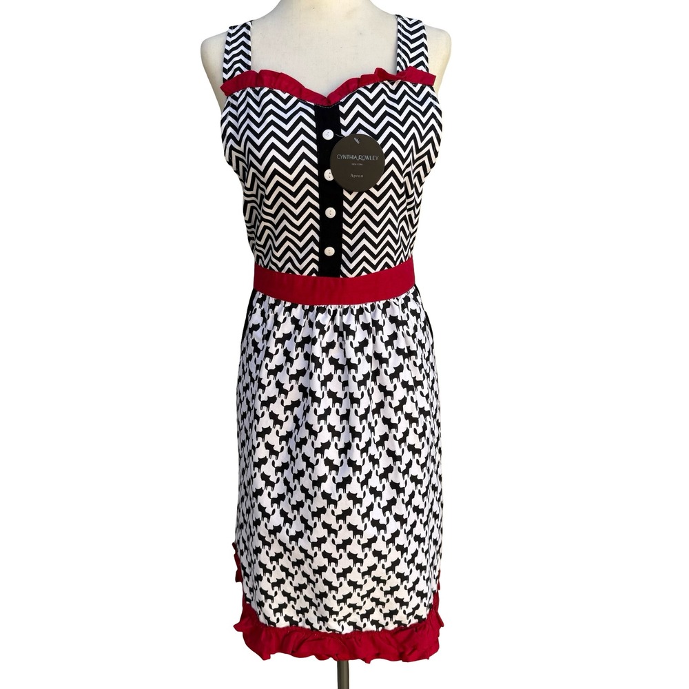 Cynthia Rowley New York Kitsch Apron Black White Chevron Cat Print Ruffle New